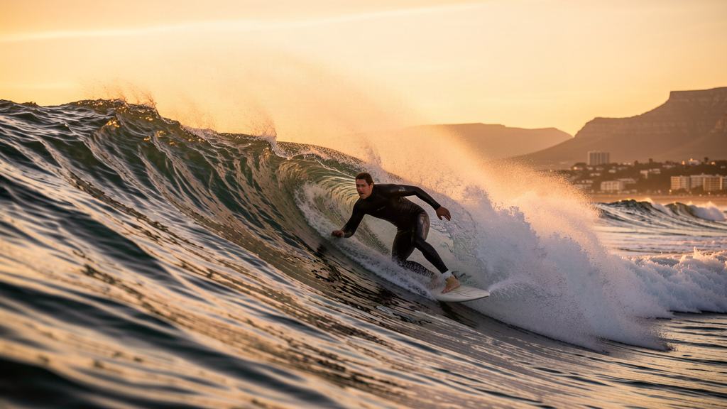 Surfer riding a wave at sunset